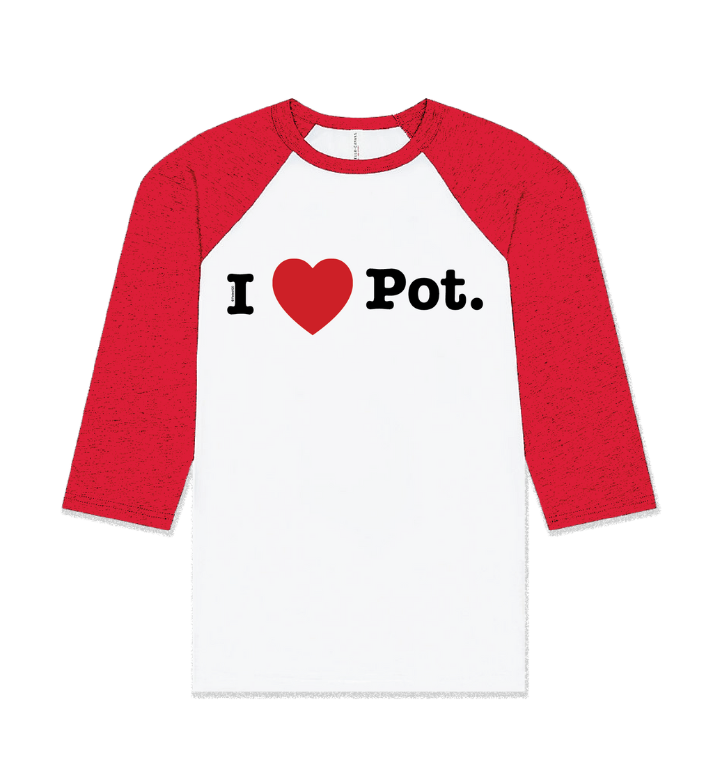 Red and white baseball shirt with 'I ❤️ Pot.' text on a white background
