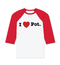 Red and white baseball shirt with 'I ❤️ Pot.' text on a white background