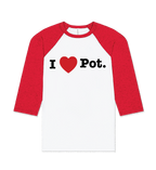 Red and white baseball shirt with 'I ❤️ Pot.' text on a white background