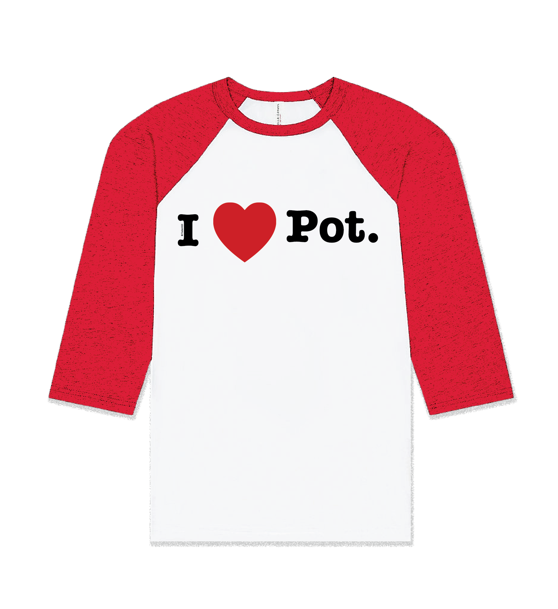 Red and white baseball shirt with 'I ❤️ Pot.' text on a white background