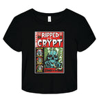 Black t-shirt with 'Ripped from the Crypt' graphic design on a white background