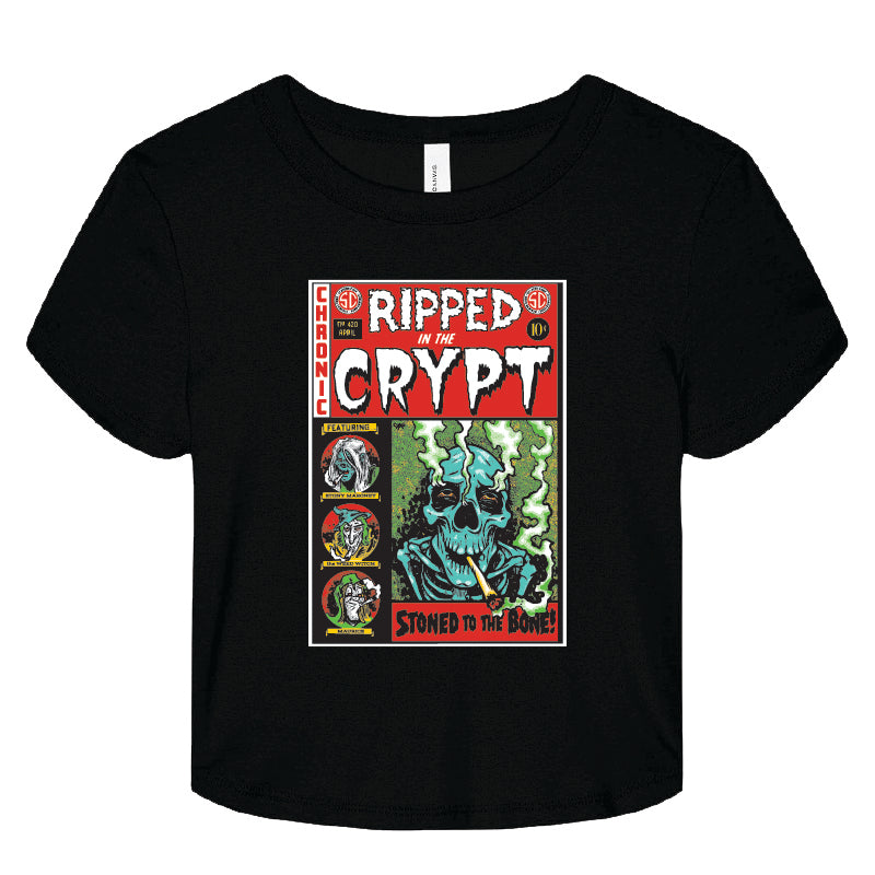 Black t-shirt with 'Ripped from the Crypt' graphic design on a white background