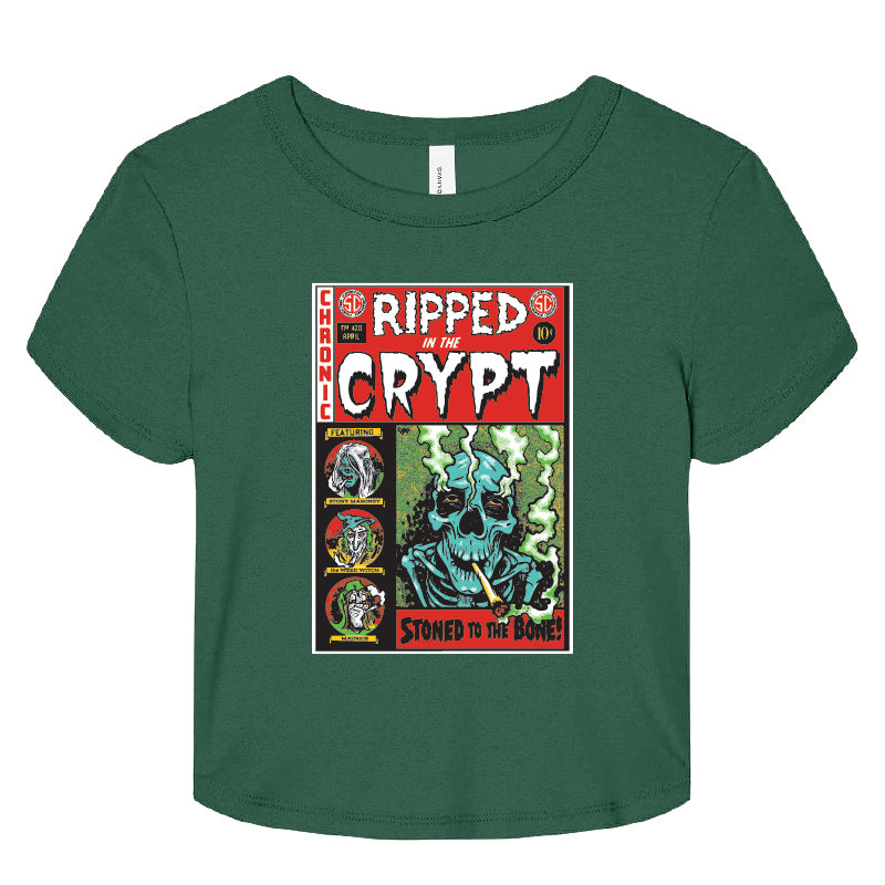 Green t-shirt with 'Ripped from the Crypt' graphic design on a white background