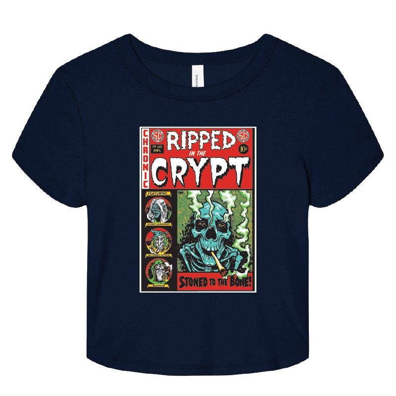 Navy blue t-shirt with 'Ripped from the Crypt' graphic design on a white background