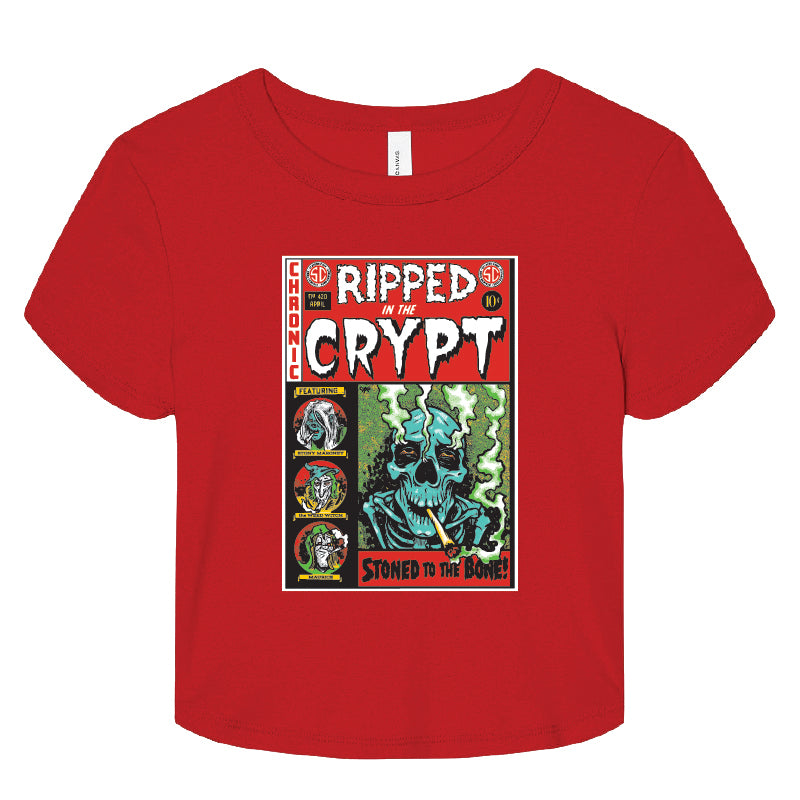 Red t-shirt with 'Ripped from the Crypt' graphic design on a white background