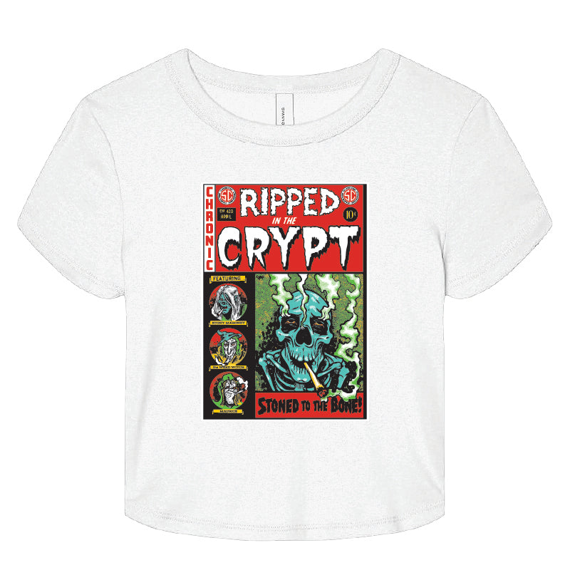 White t-shirt with 'Ripped from the Crypt' graphic design on a white background