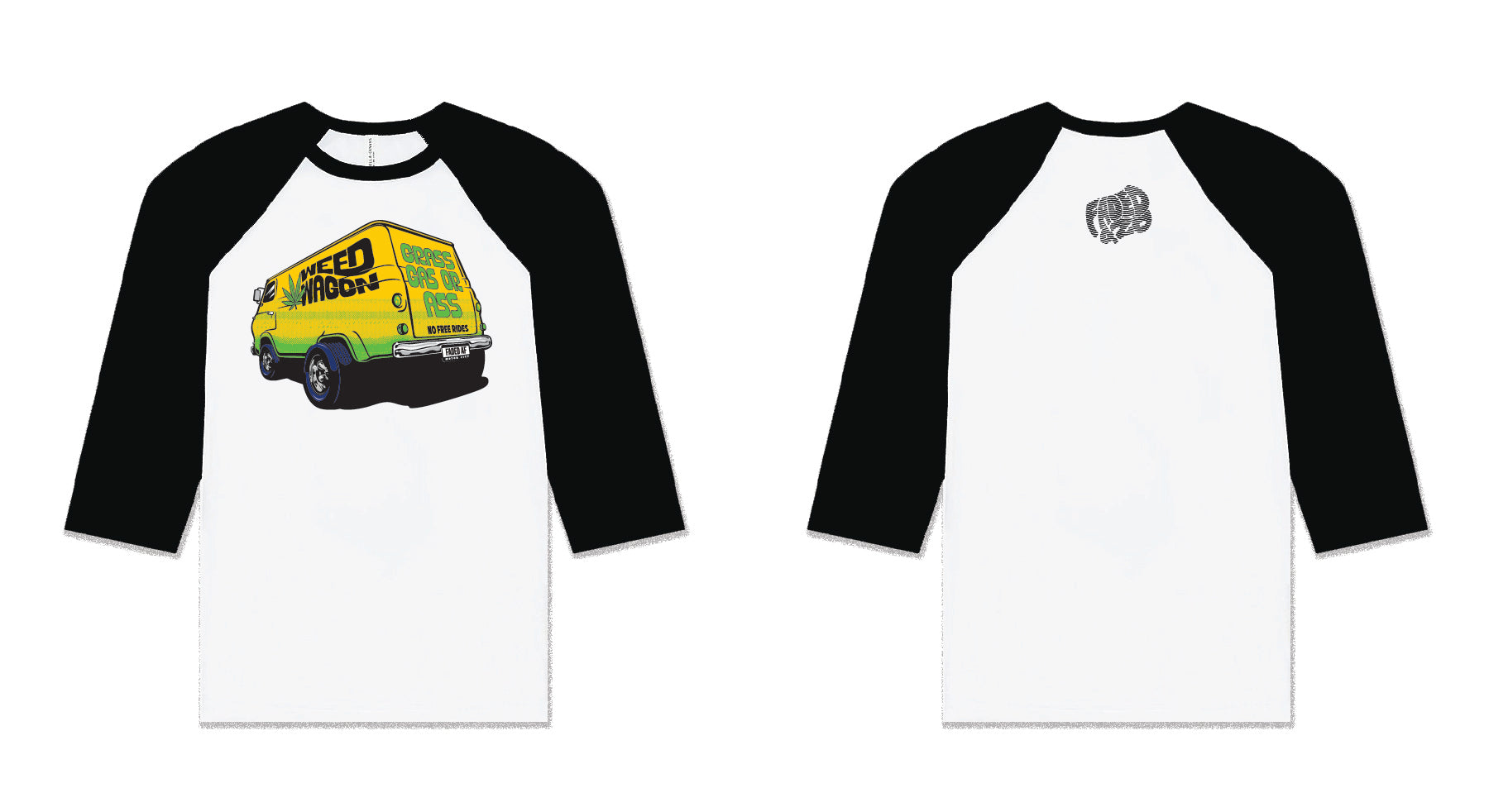 Black and white baseball shirts with a green truck graphic on a white background