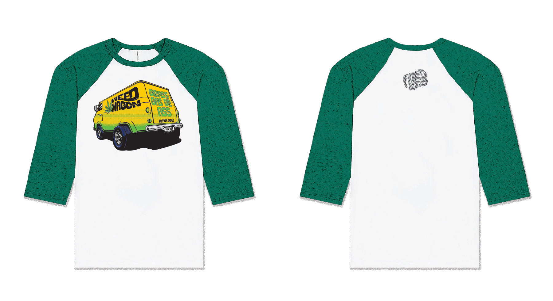 Green and white baseball shirt with a graphic of a van on a white background