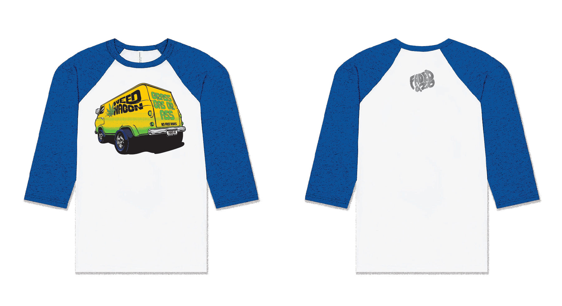Two blue and white baseball shirts with a yellow van graphic on a white background